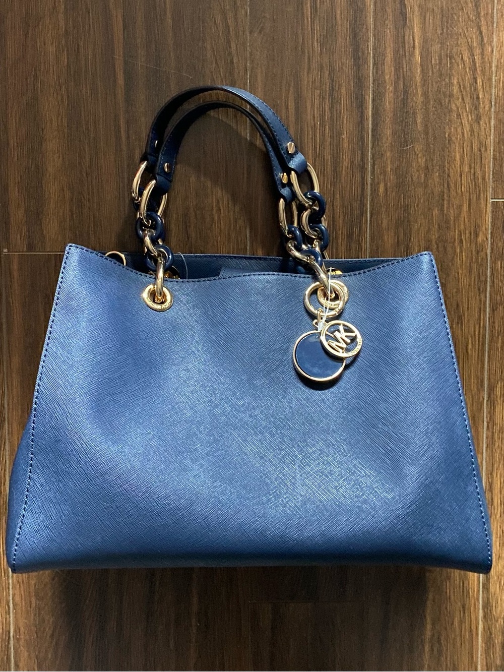 BRAND NEW
Michael Kors Blue Saffiano Leather Satchel with Gold Hardware
